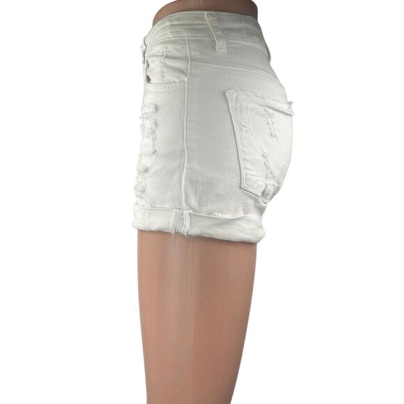 Rancan White Distressed Mid Rise Cuffed Hem Fitted Denim Jean Shorts Size 26 - Picture 2 of 5
